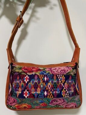 Guatemalan Woven Leather Shoulder Bag Colorful Boho Artisan Textile Purse